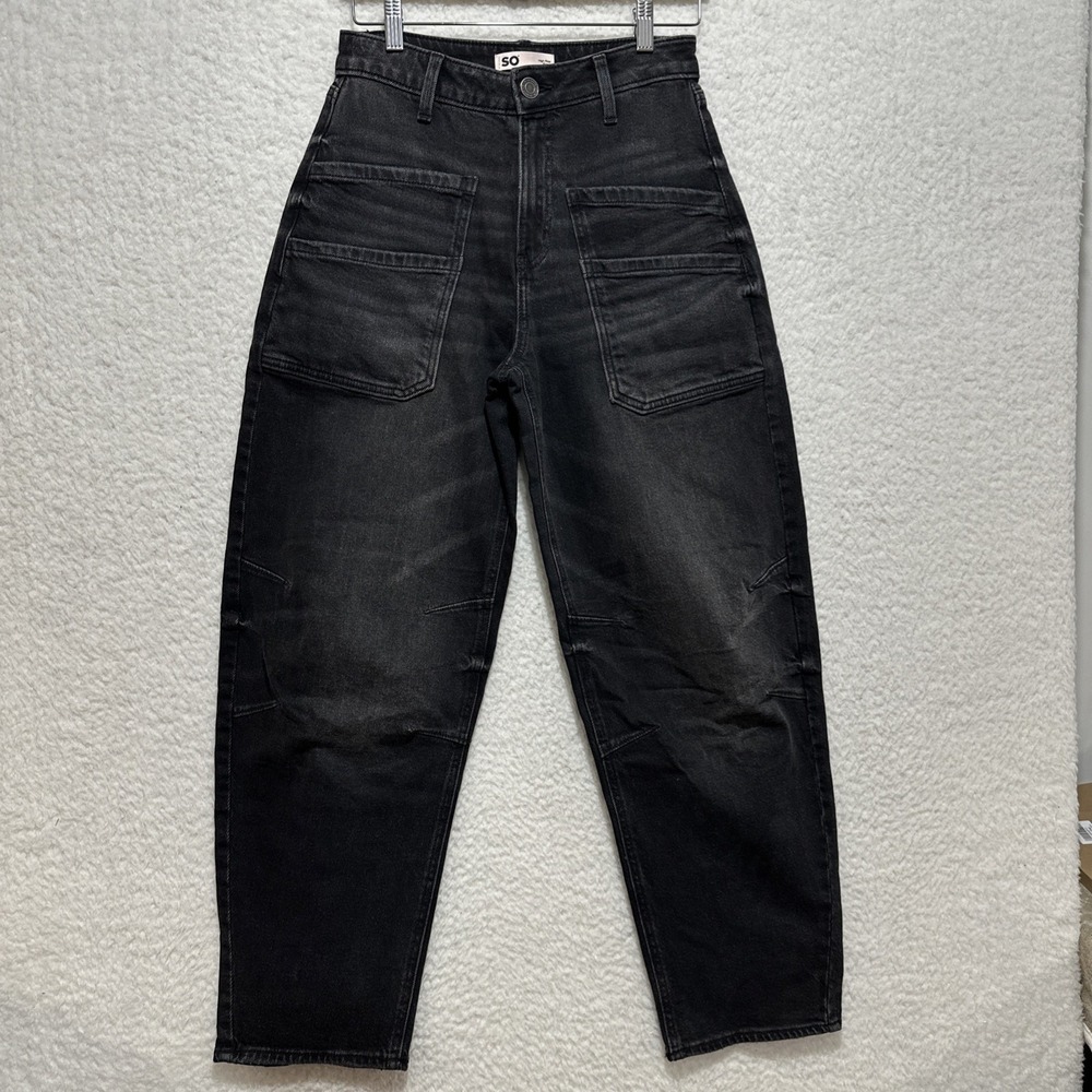 SO High Rise Black Stone Wash Women's Denim Jeans Size 5/27W Wide Leg Barrel